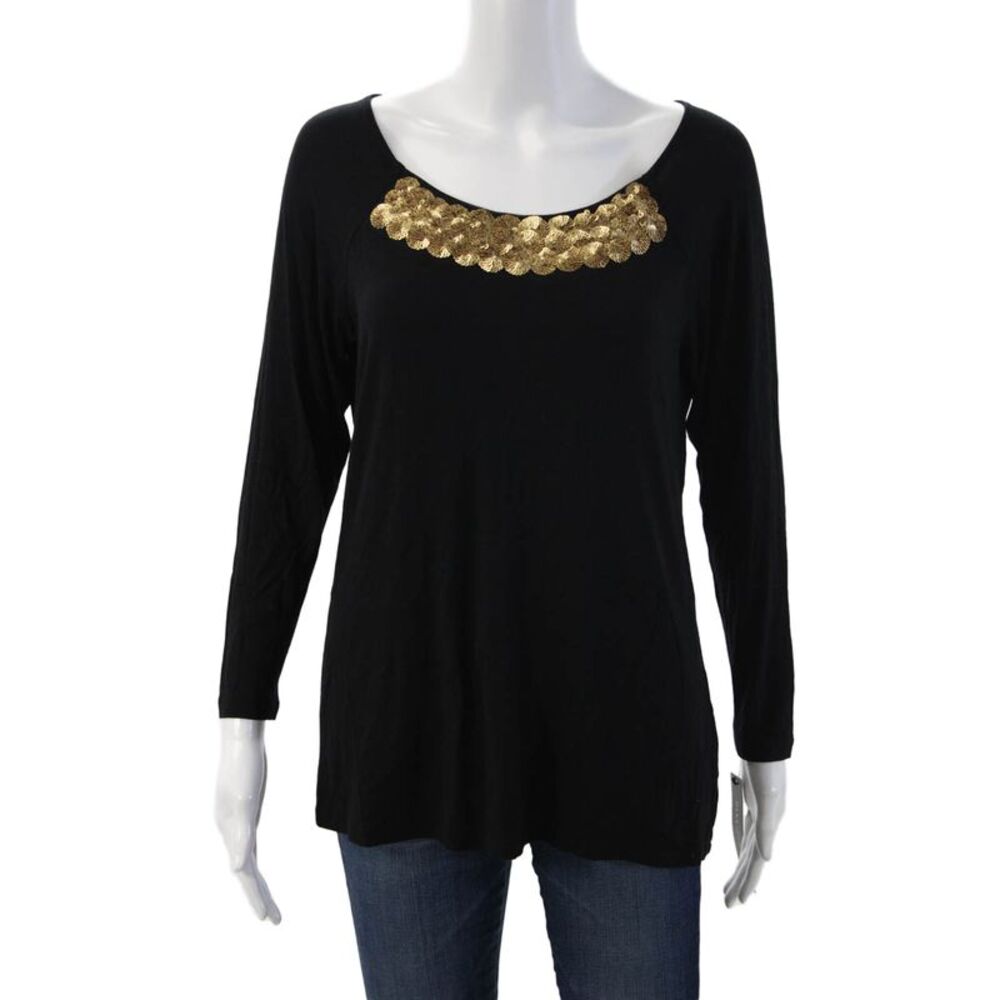 Dana Buchman Womens Tunic Blouse Black Long Sleeve Round Neck Size S